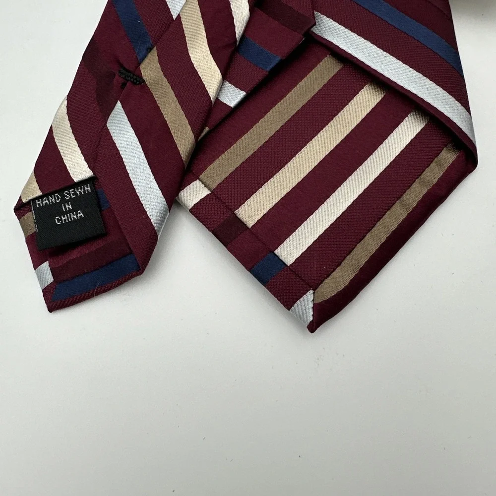 Jos. A. Bank Necktie Mens One Size Burgundy Striped Silk Hand Sewn 58‎ Inch NOS